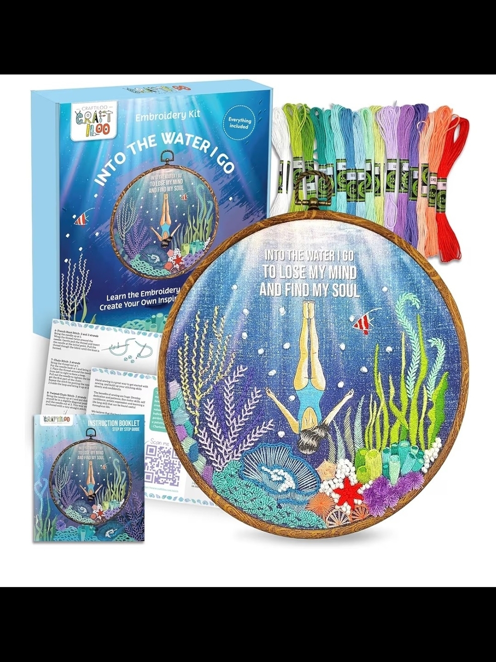 Into The Water I Go Embroidery Kit - Ocean Blue & Multicolor